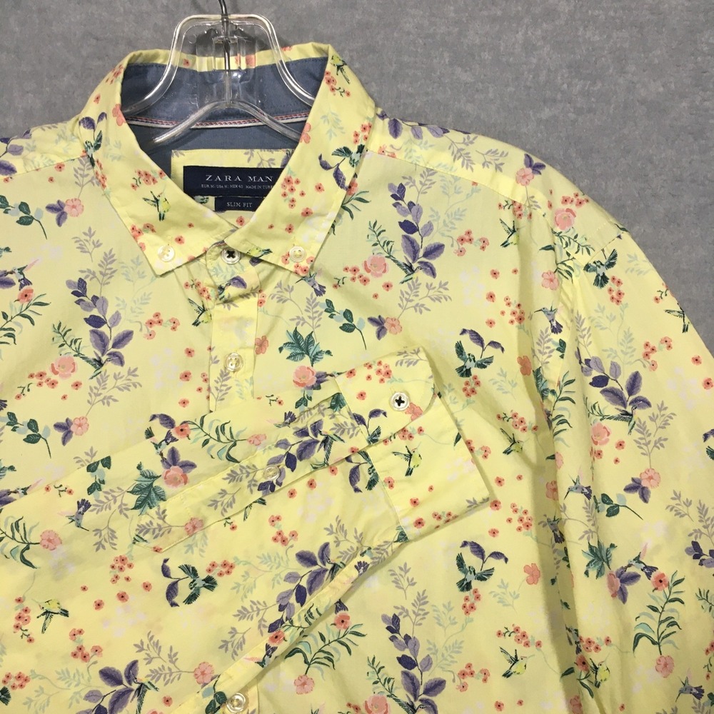 Zara Man M Slim‎ Fit Floral Button-Up Shirt Yellow Long Sleeve Colorful Birds